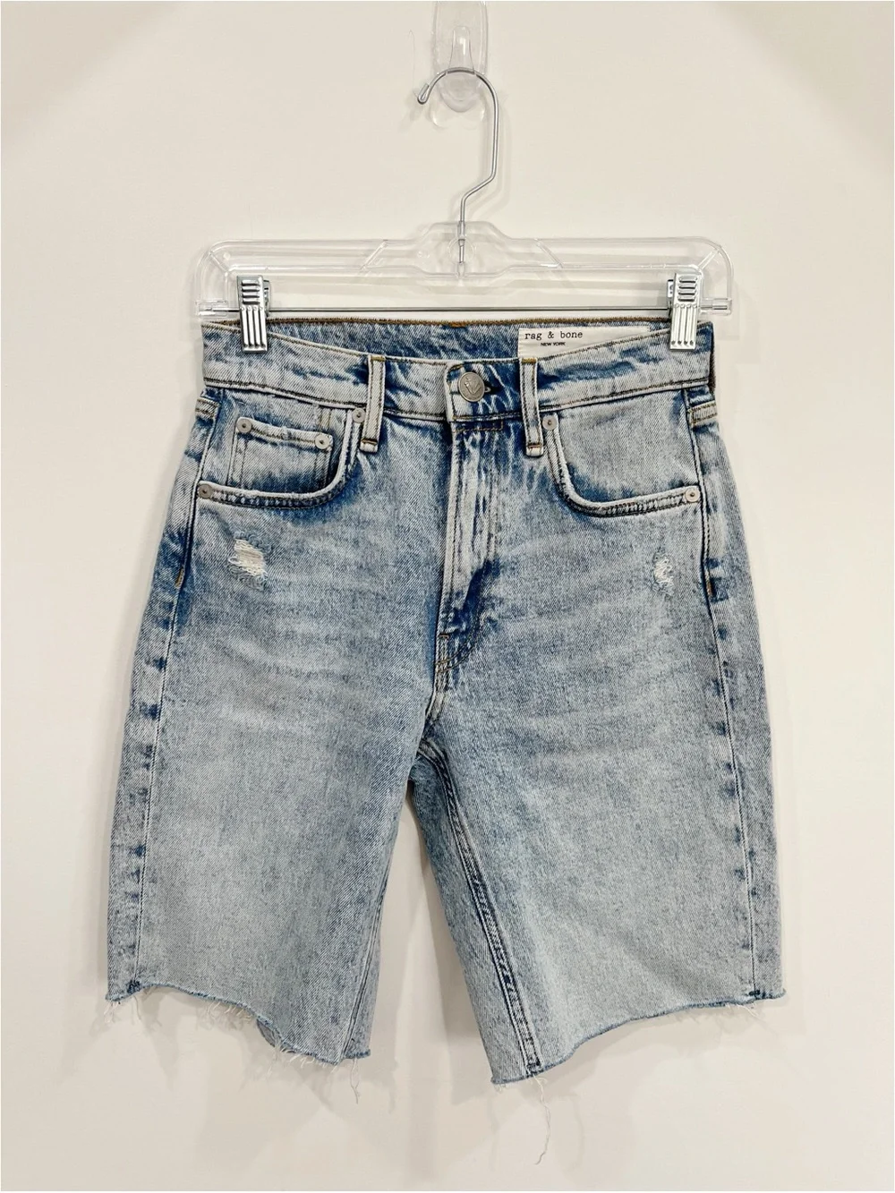 rag & bone Vintage Bermuda Denim Shorts 24 Raw Hem High Rise Light Wash Distress